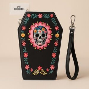 Coffin-Shaped Wristlet Wallet with Floral Skull Design
